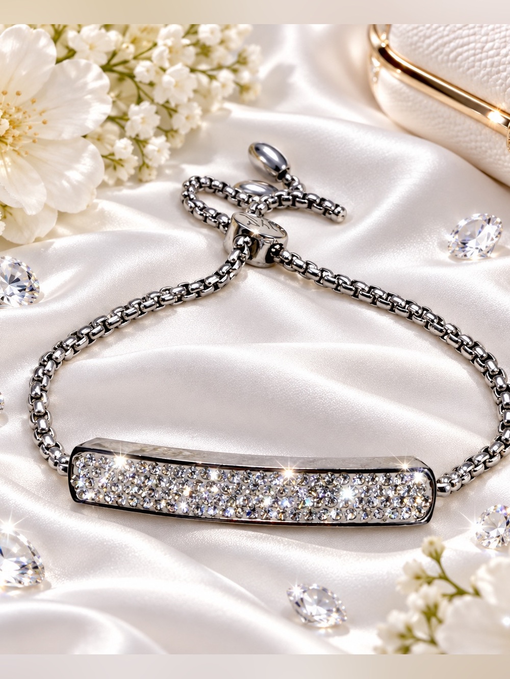 Silver Tone Crystal Bar Bracelet Adjustable Stainless Steel